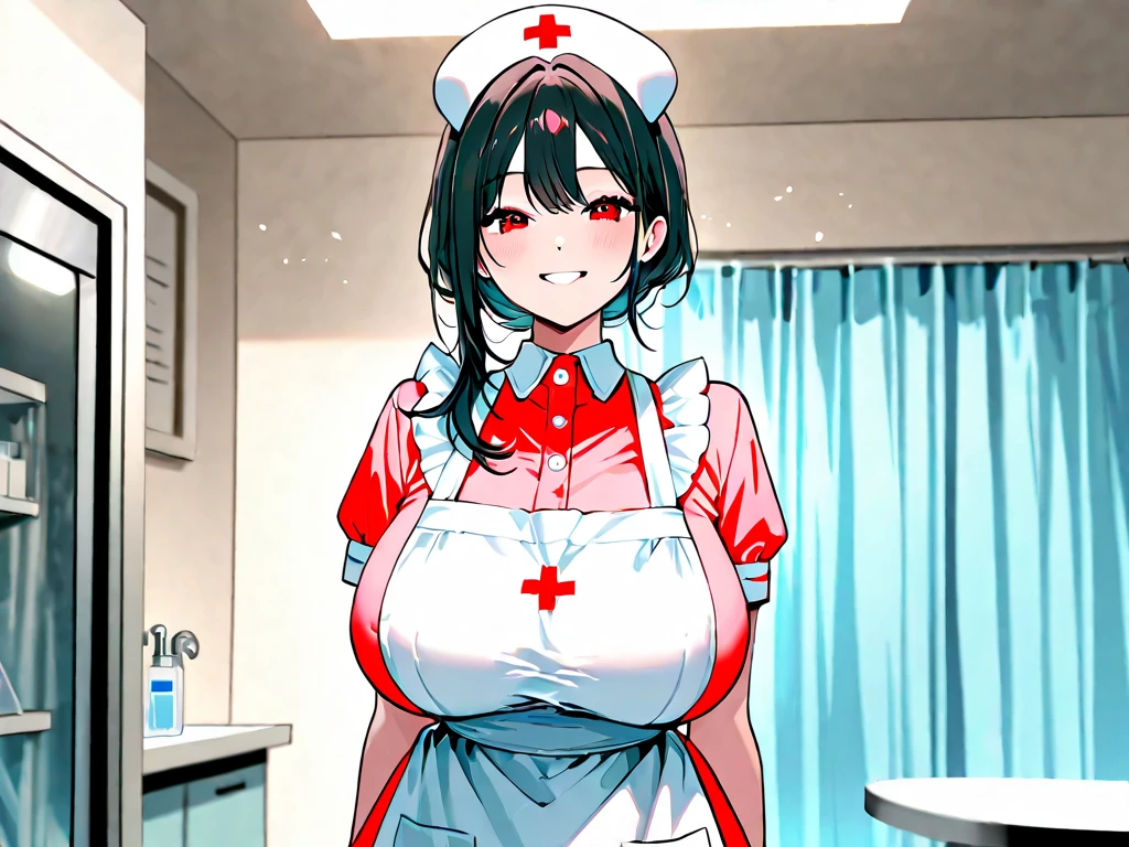 Taimanin Asagi、Asagi Igawa、Black Hair、Green Eyes、Long Hair、Huge breasts、nurse、smile、hospital、skirt、Open neck、The chest is open