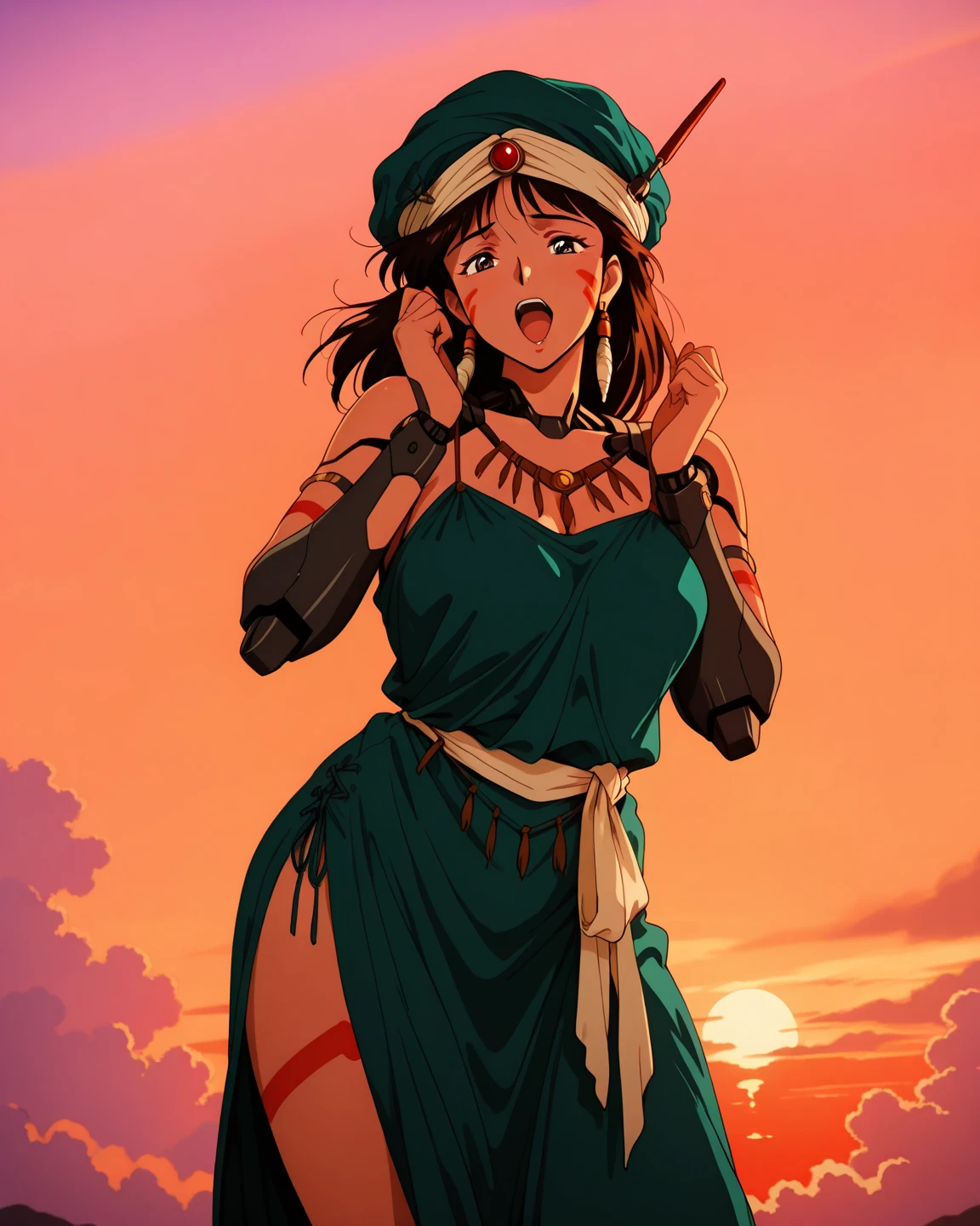 masterpiece, best quality, 8k, anime art style, Kirasaka Sayaka, Dark brown hair, ponytail, hair ribbon, (arabian clothes, revealing, cleavage, accessories, sleeveless, showing thighs earrings, smiling, india, desert), dynamic angle, looking at the viewer, green eyes, light in the eyes, (big breasts: 0.7), cowboy shot