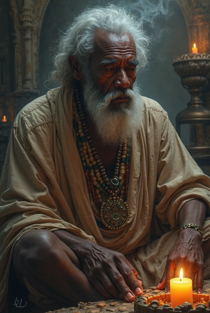 At dusk, the elderly white-haired Mongolian shaman sat cross-legged on the wasteland and looked into the distance, the incense burner in front of him emitted a mist that lingered around him, outside his body was a necklace of gold and animal bones, holding a magic weapon inlaid with purple gems, a scarlet cloak and prayer flags around him fluttering in the wind, and a group of children gathered around him in a panoramic view,