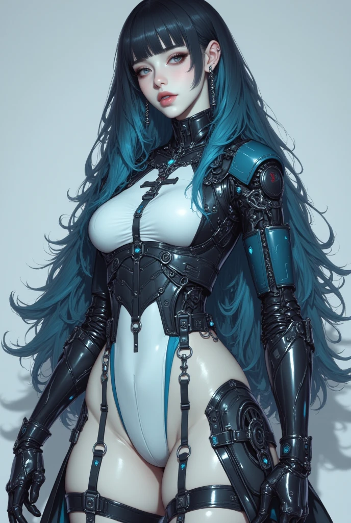 Garota de 18 anos, com tecnologia cyberpunk embutida em todo seu corpo esposto. Cabelo multicolor em tons de roxa e roxo, at all full-body angles, formas sensuais e atrativas, good sized breasts and well built rear, Anatomical shape exposing the entire body customized in machine and human.