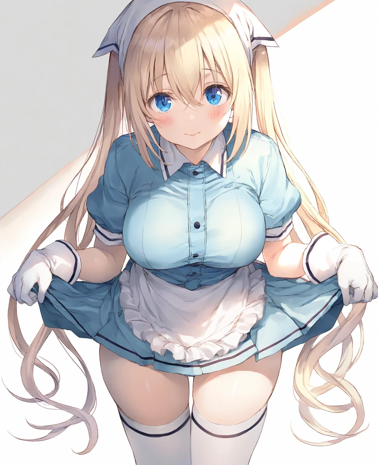 1girl, asuna, blue eyes, long hair, halo, hair over one eye, maid, maid headdress, apron, frills, frilled apron, puffy sleeves, short sleeves, white gloves, white thighhighs, sitting ,white background, arms behind back, grin, large breasts, <lora:Asuna-BlueArchive:0.9>