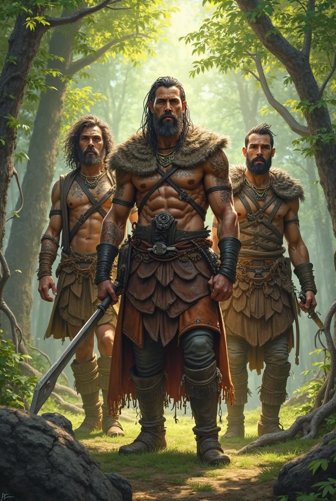 Create four male characters in the Rogue One manhwa style, A warrior, a wizard and a backpacker
