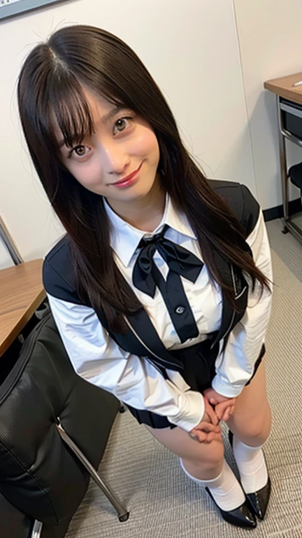 "1girl,long shot,RAW photography of realyami, brown hair,long hair,(best quality:1.4),masterpiece, earrings,(school uniform:1.4),school bag,torii, (detailed face:1.4), ((background is classroom:1.6)),(sfw:1.6),(looking at viewer:1.25), (sun lighting:1.2),(highly detailed skin:1.4),shiny skin, smile, blurry background,((half body:1.5)) <lora:realyami_v1.0:0.850>