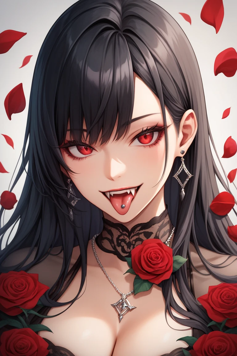 masterpiece, zoom out, score_9, score_8_up, score_7_up, portrait, 1girl, solo, black hair, long hair, parted bangs, white eyes, black sclera, (blood tears, small smile), evil, parted lips, innexpressive, small breasts, upper body, victorian fashion, black dress, frilled dress, short sleeves, halo, black background, best quality