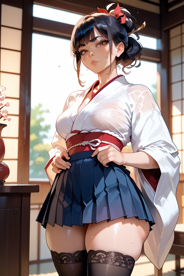 masterpiece,ultra detailed,1woman,off-the -shoulder short summer blouse,patterned medium skirt,lifted skirt,wet buttocks,standing,at tokyo,curvy body,medium tied up hair,black hair,(tareme),blushed,make up,mature cheerful woman,green eyes,