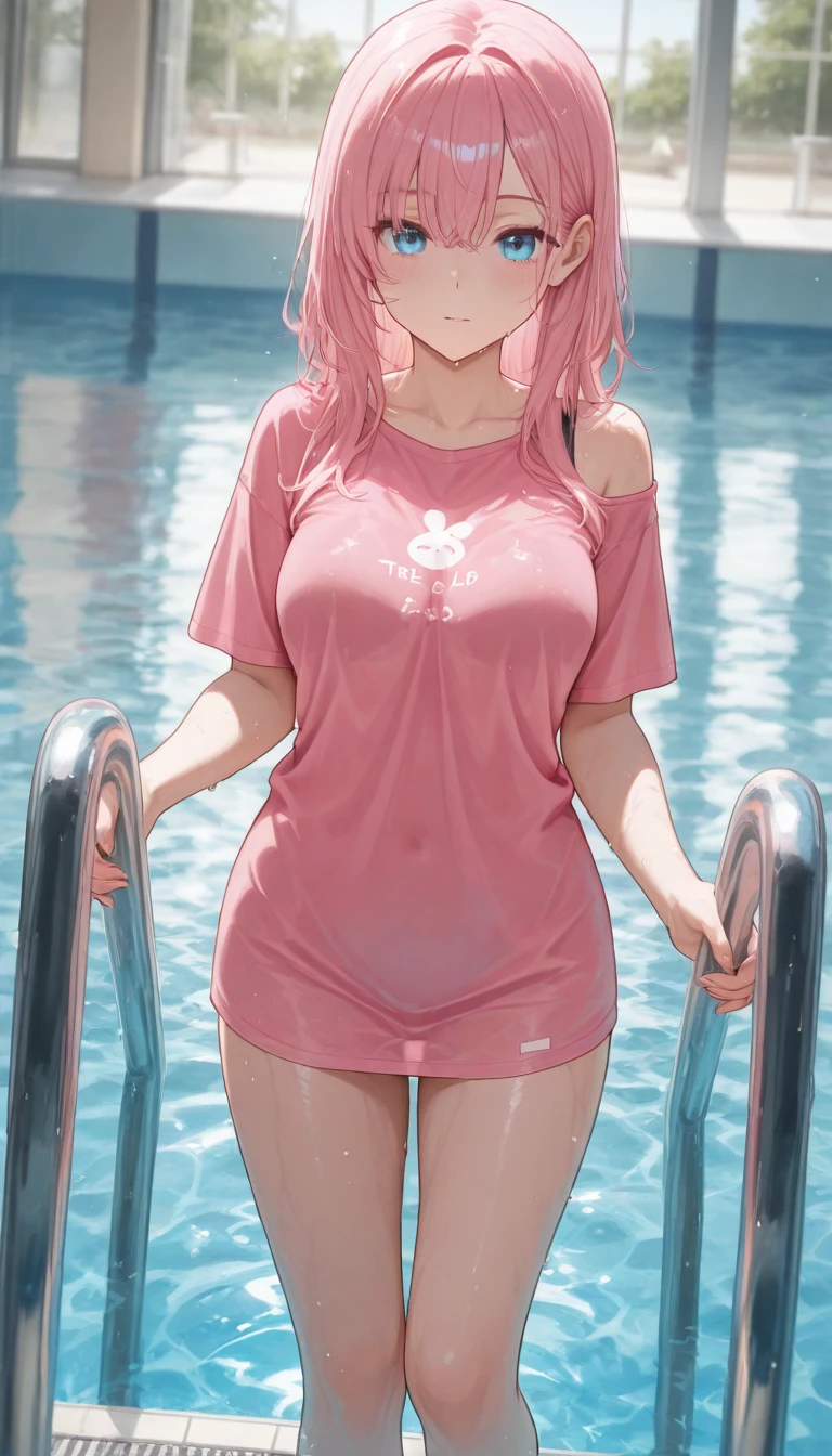(best quality, masterpiece), 1 girl, centaur, It takes, White skin, Korean woman, black pink,Smiling, exposing the abdomen, belly button t-shirt ,swimming pool, 아름다운 소녀 perfect white tiger photo, perfect white tiger photo