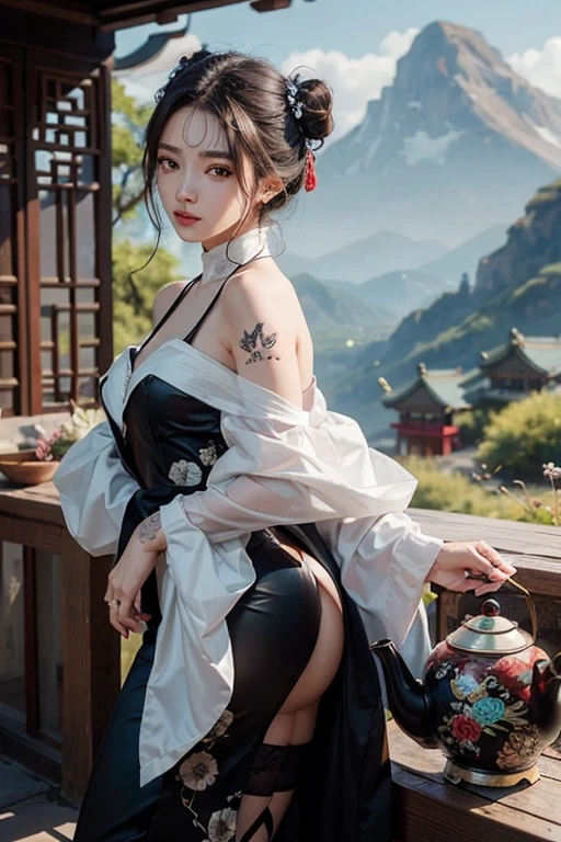 ((SuperiorQuality, 8K, tmasterpiece: 1.5)), Pubic area is clear: 1.2, Perfect body beauty: 1.4, Sexy Hanfu，Sexy Hanfu，Light gray hair, wetted skin, Clear liquid splashed on the body, Sleeping on the Bed，Ass pouted，back stance，back stance，legs are open，legs are open，knee bend，Ancient bed，Film texture，