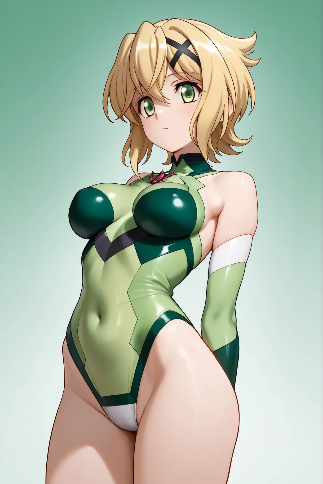 masterpiece, high quality, 8k, beautiful lighting, 1girl, solo, green eyes, medium_hair, (masterpiece), (best quality), 1girl, leotard, bare legs, boots, solo, solo focus, sleeveless, hands on hip, standing, full body shot, cowboy shot, beautiful face, detailed eyes, symmetric eyes