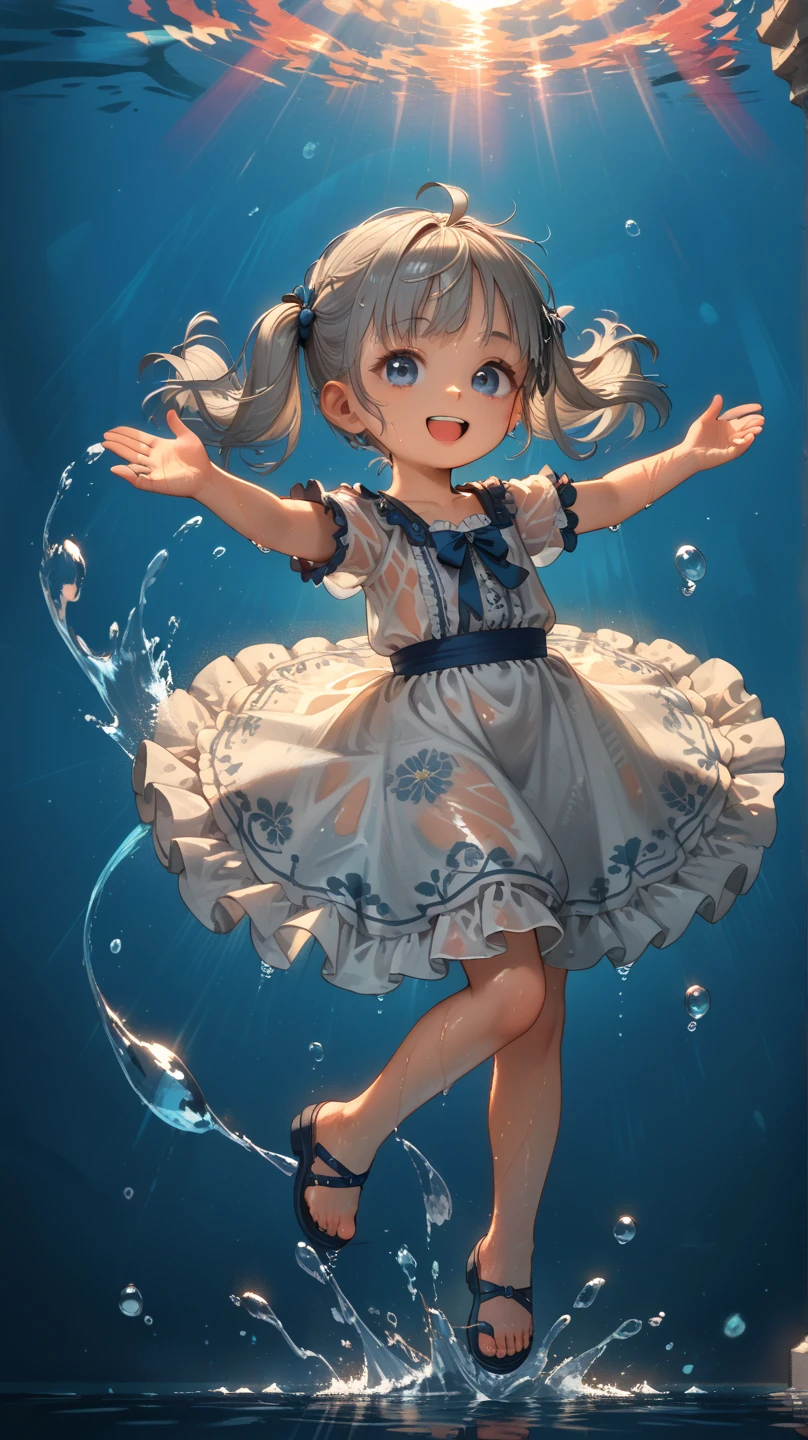 photoRealstic、Doll standing in front of the painting、swim wears、laugh face、Water droplets on the cheeks、Take an outstretched pose、Sengai、pixiv、rokoko、dollfie dream、watercolor Nendoroid、(High Definition Figure)、Flowing iridescent silk、nendroid、up of face、There are also flowers in front of the nendroids、Morning glory petals、season!!: 夏☀ 🍂 朝顔