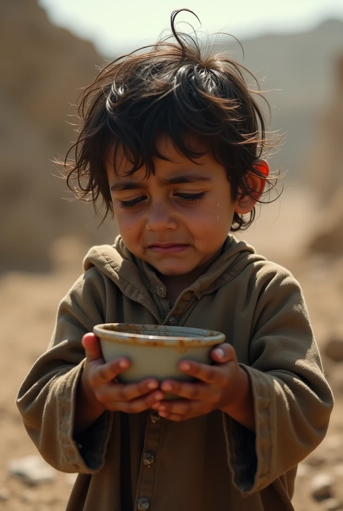 a sad poor child holding an empty bowl, beautiful detailed eyes, beautiful detailed face, longeyelashes, tears in eyes, outdoor environment, overgrown grass, dusk lighting, moody atmosphere, muted colors, (best quality,4k,8k,highres,masterpiece:1.2),ultra-detailed,(realistic,photorealistic,photo-realistic:1.37),cinematic lighting,dramatic shadows,emotional portrait