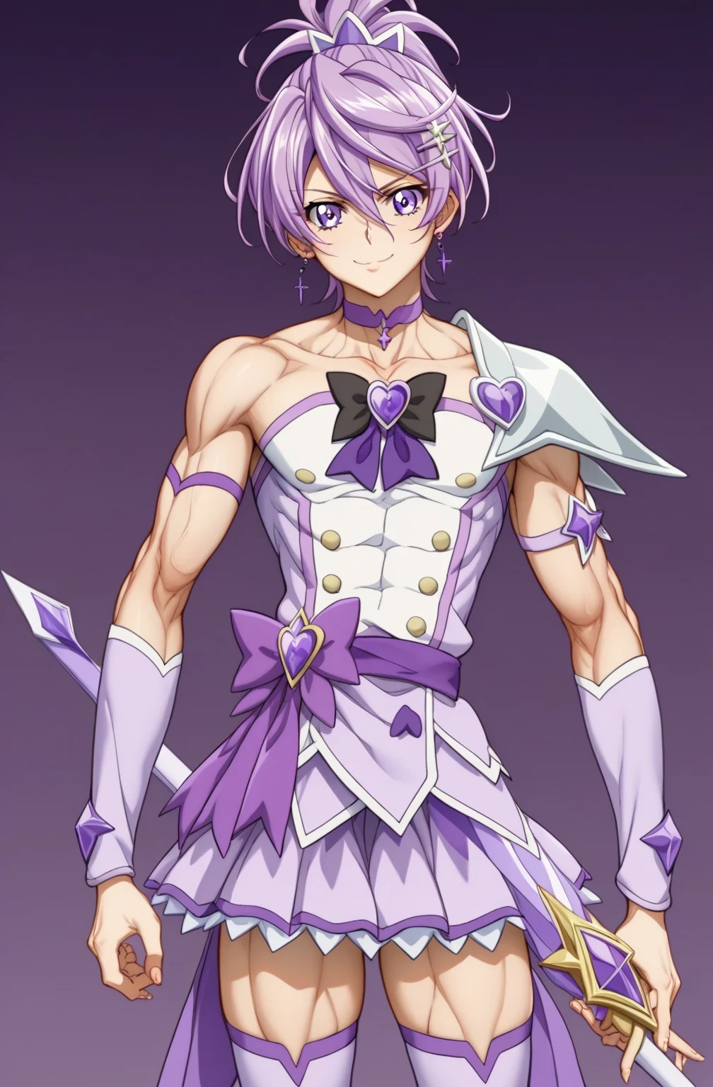 score 9 、score 8 up、score 7 up、source anime、傑作、最高品質、高解像度、anime coloring、1boy、cure sword、(male:1.5)、purple haired male character is wearing a purple dress、high short ponytail hair、spade shape hair ornament、solo、portrait of magical boy、boy is wearing a white and purple dress、isolated、長い両足、天のオーラ、purple thunder aura、white and purple skirt、purple neckwear、紫のチョーカー、collarbone、white shoulder pads、Symmetrical shoulder pads、purple armwarmers、purple detached sleeves、purple waist bow、bare thighs、purple thighhighs、Symphogear art style、short purple haired boy、amethyst prince、official anime art style、style of magical boy、masculinization、magical boy、official anime artwork、official anime style、高解像度、perfect outfit、sparkling magical boy、(manly:1.parking purple eyes、perfect body、trapezius、perfect hands、perfect arms、perfect legs、thigh muscles、semitendinosus muscles、covered hamstrings、covered adductor magnus muscles、male focus、looking at viewer、solo focus、cowboy shot、(male body:1.5)、beefcake style、purple background、