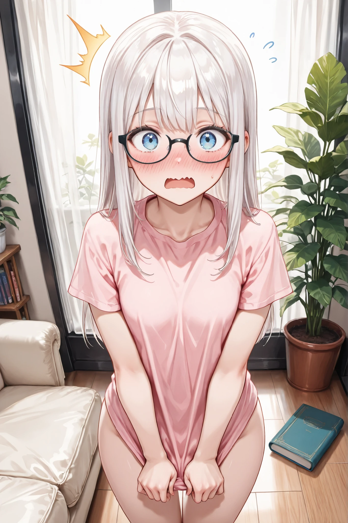 ((Masterpiece)),((best quality)),((incredibly absurdres)),((8K)),(semi realistic),
1 girl,young female,aged up,kawaii,white hair,long hair,straight hair,blue eyes,small breasts,
(black eyewear),pink shirt,mens shirt,short sleeves,bottomless,
surprised,wavy mouth,open mouth-wide,open eyes-wide,(blush),nose-blush,ears-blush,looking at viewer,
standing,clothes tug with both hands,hand down,
living room,white sofa,houseplants,book,bookshelf,
medium shot,straight-on,shirt focus,