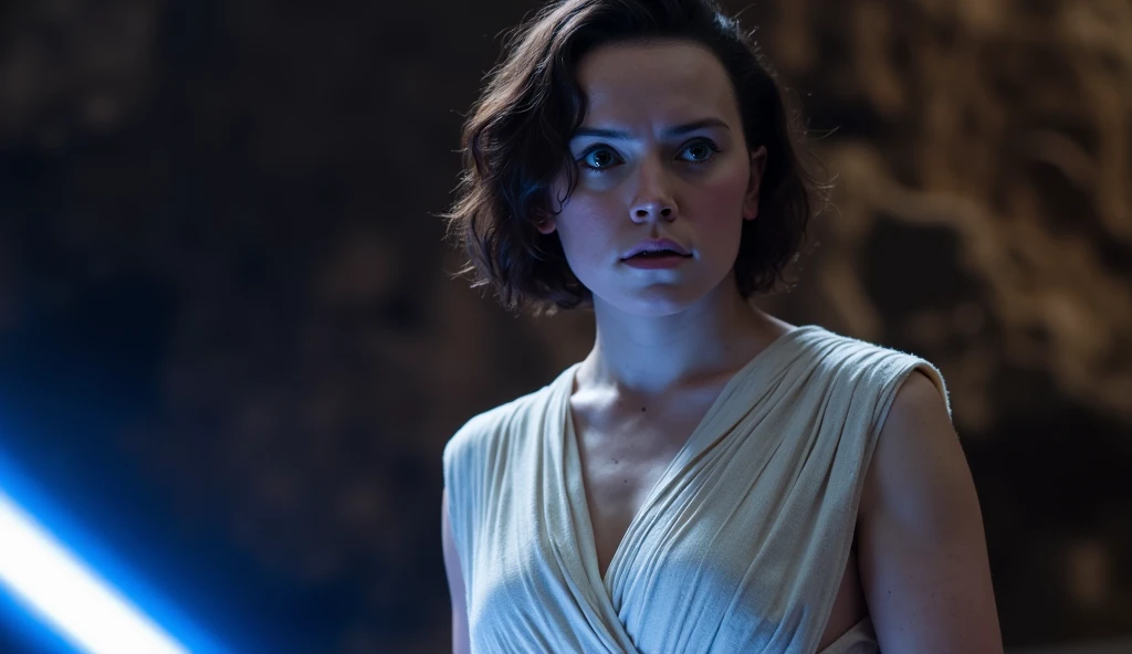Daisy Ridley With Very large biggest bust stuffed forward coming out of the water in Very Tight white sleeveless robes
