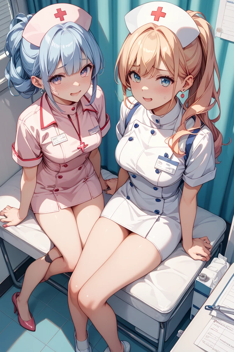 ((2 girls))、(smile:1.5)、Small breasts、(Cowboy Shot)、(fun!!)、(cardigan)、(blonde)、(blush:1.4)、(白のNurse uniformを着て:1.2)、(Single Blade)、(Eye highlights:1.3)、, Rest indoors, ((Hospital room:1.5))、 BREAK while watching the audience、(Grab your skirt:1.0)、 (Perfect hands, Perfect Anatomy),Cowboy Shot、(Skirt flip:1.3),(Highly detailed panties:1.3)、(Highly detailed white panties:1.3)、、(スカート that rolls up:1.3)、(Full-fledged panties:1.5)、Bright Blue Eyes、(White Nurse uniform:1.5)
、(White Nurse cap:1.5)、White costume、White Uniform、Nurse uniform 、Nurse cap