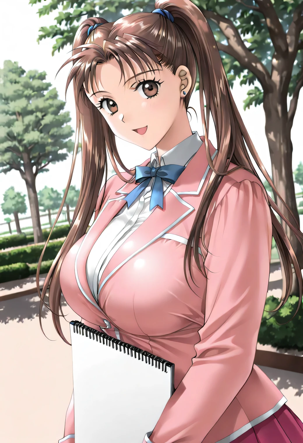 cinematic lighting,Soft Light,masterpiece, newest, lively, very aesthetic, high contrast, mature women who are rebellious to me,solo,from the side,((KanouRyouko, twintails, brown hair, long hair, brown eyes)),((school uniform,Pink Jacket,white shirt,blue ribbon,pink pleated skirt)), ((Big Breasts:1.4)), (charming smile,open mouth),((holding a sketchbook)),(( park on a clear day ,detailed background)),Highest Quality, semi-realistic, kadoi aya style, Fullmetal Alchemist anime style, ((Look viewers))