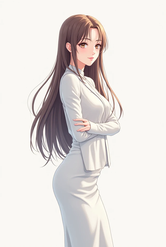 1girl,Hoshitsuki Orihime,teacherorihime,teacher clothing,pencil skirt,white pantyhose,masterpiece,best quality,solo,very aesthetic,absurdres,game cg,(detailed beautiful eyes:1.2),(beautiful face:1.2),simple background,white background,<lora:HoshitsukiOrihimeXL:1>,from behind,full body,looking back,smile,blush,