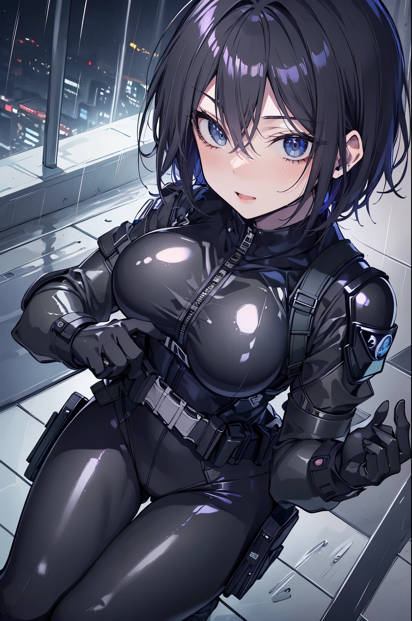 0((SFW)), masterpiece, best quality, highres 64k, clean, cinematic lighting, (((beautiful human face))), beautiful blue eyes, beautiful black hair + detail, multicoloured hair, (sexy young female body:1.4), (medium breast, lactation ), looking at the viewer, 1girl, solo, ((Exo Stranger, Elsie Bray, Elizabeth Bray, makeup, )) pale skin, ((cool & sexy , sexy smile, closed mouth, )), (armored body suit, ), indoors,(( workshop,)), ((standing, leaning forward,)), ((upper body)), <lora:Exo Stranger V2:0.599999>