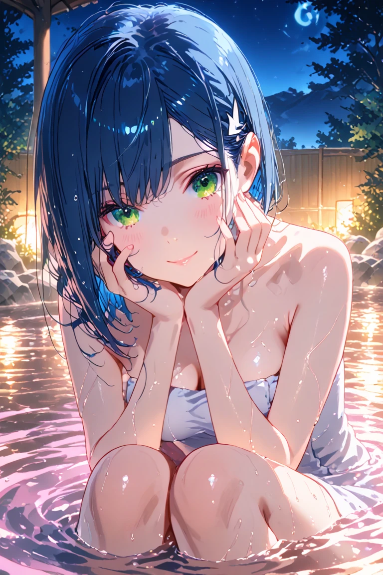 Naked Women、An open-air bath on the shore of Lake Suwa late at night、Blue, clear eyes、Brown short lob hair、Small breasts、I'm blushing with embarrassment、I'm embarrassed and I cover myself with my hands、I can see the pubic hair、Outdoor Exposure、She has pubic hair、She has hair in her crotch、Lake Suwa can be seen in the background