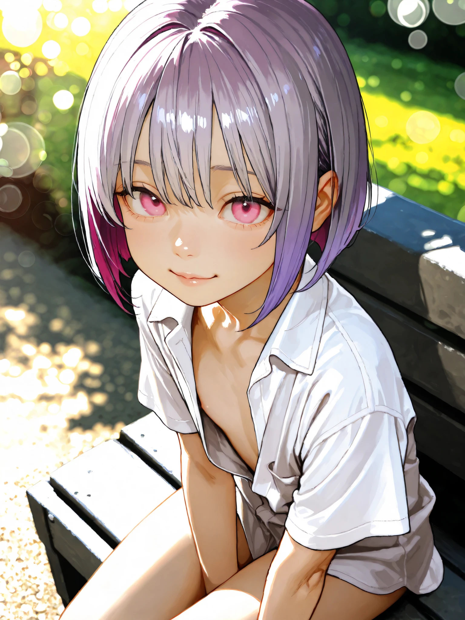 short girl, 1 girl,is young, flat chested,realisticな外観, big pink eyes, short bob、Gradation color purple hair and gray hair、plain shirt、I can see my chest、I can see my chest、sit、She has a lewd appearance.、naked、from above、Outdoors、細部にこだわったrealisticな影、movie stills, real、Highest Quality, realistic, 4K Rendering, ultra-fine texture, Professional , bright color, Bokeh
