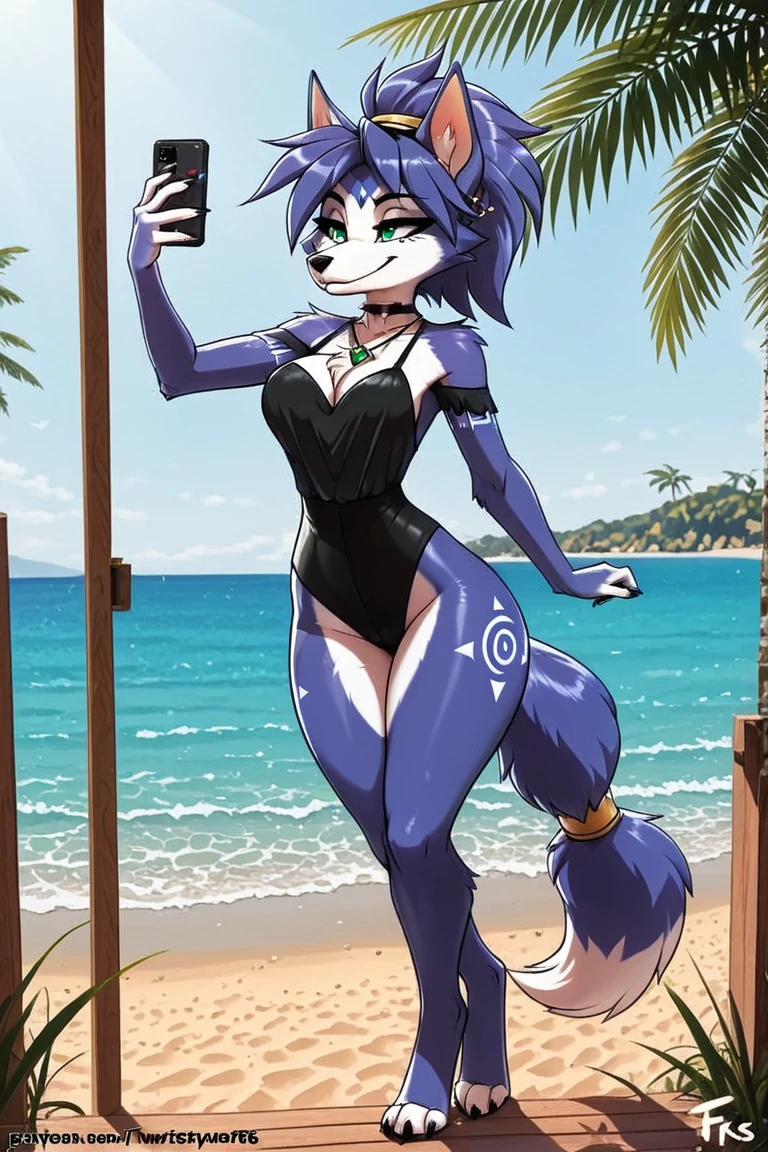 solo, uploaded the e621, detailed portrait of a female anthro Rabbit, zenematic lighting, standing, smug smile, (half-closed eyes), purple Hair, purple Tail, (blue micro-bikini, Fishnet stockings, spiked collar, spiked wristband), (cyan eyes), looking at the viewer, (small breasts, hips), (rabbit), (beach, sunny day), (purple body, two-tone fur), extremely detailed, extremely detailed legs, extremely detailed arms, extremely detailed face, perfectly detailed eyes, perfectly detailed anatomy), perfect lighting, seductive, (cameltoe), young girl, young, slender,