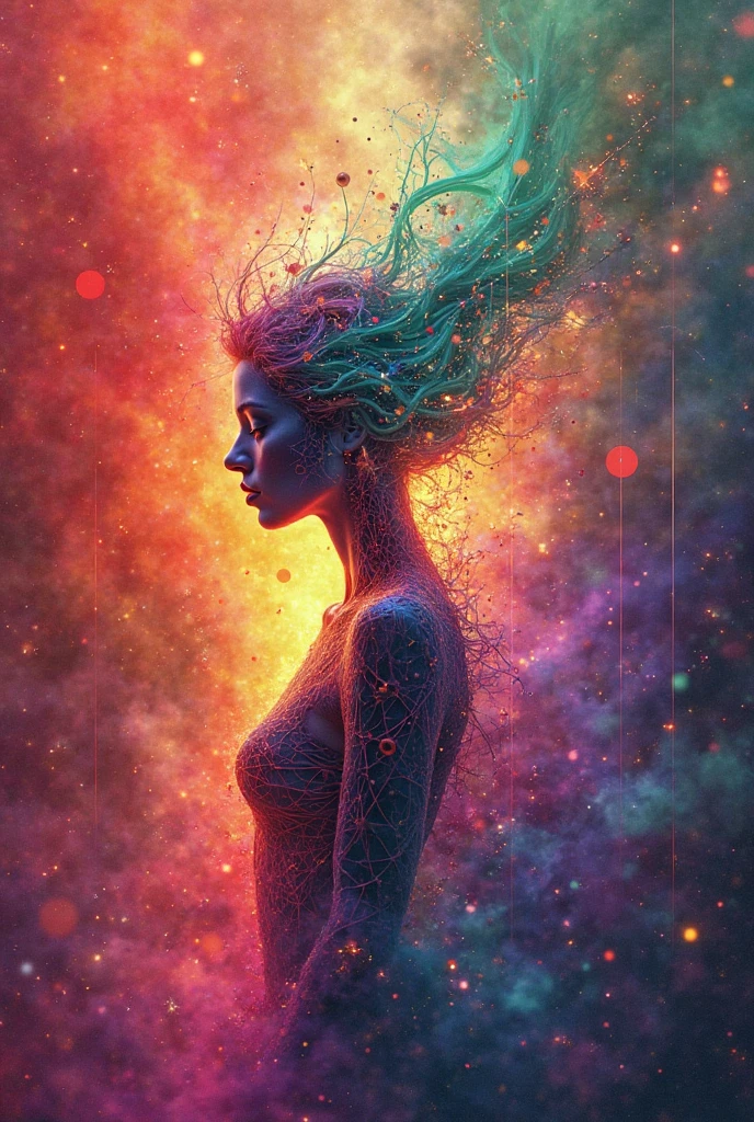inconceivable and spectacular a scene of emergence of a figure from the glowing cloud, fractal nebula threads, cosmic entities, celestial, cosmic, vibrant and vivid, swirls, twirling, unrealistic, high contrast, symobolism, magical, mystical, mystifying, hyperrealistic, oversaturate, colorfully, freckles on chicks, (freckles:1.2)