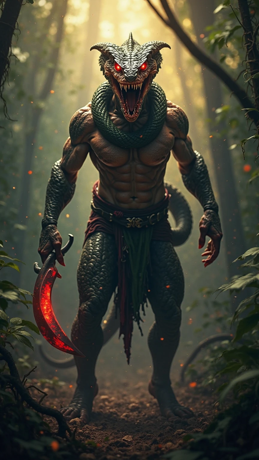 male cobra-head snake necromancer with very long jagged teeth, muscular body with creepy tribal tattoos and dull black scales, scaled body with old blood spattered on it, multiple snake tails, blood spatter, terrifying, snarling & fierce, blood and gore, feral expression, impressive aura, naked with snake coils covering crotch, ancient powerful magic, glowing symbols, black gas, skulls, burial snake pit, poisonous light, horror, (expressive:1.4), (intricate details, masterpiece, best quality:1.4), environmental view, full length body shot, head to toe, eerie red color palette