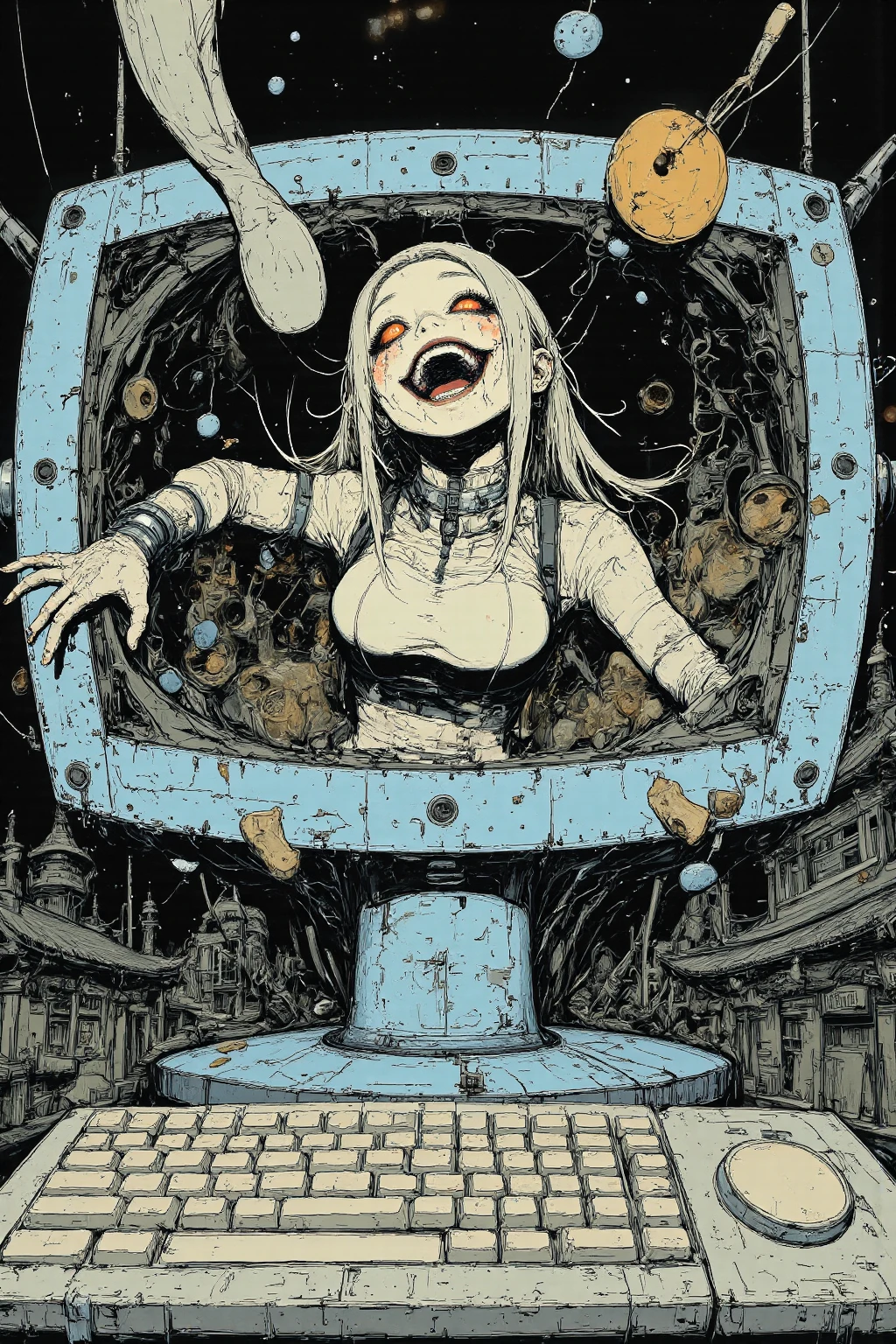 The beautiful girl in lace top and leggings is sitting astride a pile of skeletons in the center of the picture. She is holding a trembling sausage with juice squeezed out in her hand and smiling. There are multiple comic storyboards in the background,cbt, sausage bondage,sausage insertion,Sexy, trampling sausage with high heels heel,(masterpiece, best quality:1.2),1 beautiful girl,sexy,comic storyboard:2, leggings, sit astride, axially symmetrical:2, ,femdom,sounding,cbt,hold,smile,colorful,leggings,thin gap,cameltoe,insertion,trembling,juice,spray, Long hair,Lace top,Sexy, Shiny leggings, High heel,cleveage, trampling, in forest, saliva , Mucus,