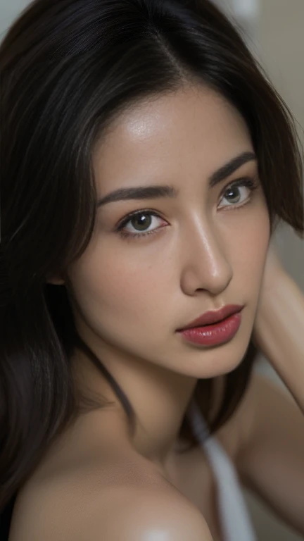 Masterpiece, Artgerm (Stanley Lau) style, mystic (middle east) aesthetic, best quality, ultra realistic, 16k, crazy resolution, UHD, ultra-detailed, detailed eyes, detailed skin, detailed hair, detailed face, detailed fabric, detailed texture, ( 1 beautiful young woman, alone: 1.1), long brown hair with ponytail, hot, vibrant amber (yellow) eyes, tanned skin, portrait, rocker clothes, High detail RAW color art, (detailed skin, skin texture), (Muscle) detail, sharp focus, dramatic and photorealistic painting art of midjourney, natural breasts, (sideboob:1.2), jewelry, (realistic eyes), cowboy shot, V-shaped real eyes, ((hourglass shape)), hot naked, ( Blurred in vibrant cinematic light), atmosphere warm, Show all, ultra-detailed, fine details, nude, narrow waist, (proportional) big hips, thick thighs, sexy, Natural Color Lip, face with expression of pleasure and tiredness, different sensual poses in different angles, dark room gothic with cinematic lights (blurred background)、20 years old、dream atmosphere 