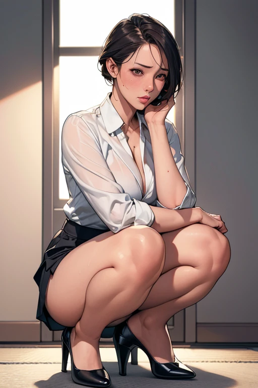1 flight attendant, 独奏, , White high heels, White transparent skinny shirt, white mini-skirt, tmasterpiece, Best quality at best, realisticlying, ultra - detailed, (shiny skins, perspired:1.4), absurderes, looking at viewert, with short black hair, with brown eye,Slender,Dynamic light and shadow,A high resolution,Sharp focus,depth of fields,The eyes are delicate,Sharp pupils,pupil realistic,(Rounded chest),(Long legs:1.4),Planes，squatting pose，black pantyhoses，cleanness，stocklinglackstockings，cropped shoulders，Toes，