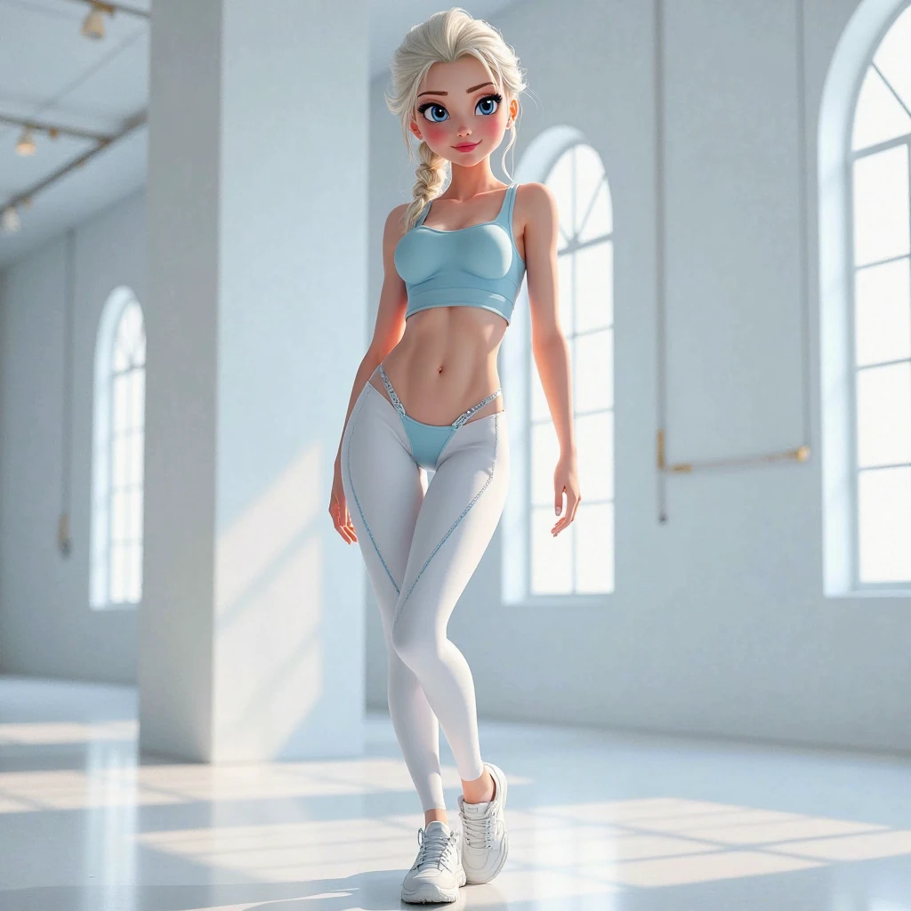 Queen Elsa of the Arendelle donning slimfit sport suite at the royal palace gym, realistic, professional, masterpiece, portrait photography