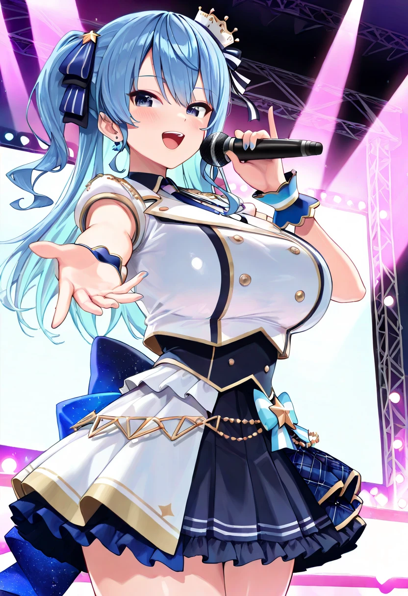 woman,Silver Hair,blue eyes,Short camisole,Crop shirt,Off the shoulder,white,art, anime,figure、((Full body shot))、Sexy pose、Natural big breasts、Sparkling eyes、(Brightness:1.7)、((anime))、hat、dance、skirt、microphone