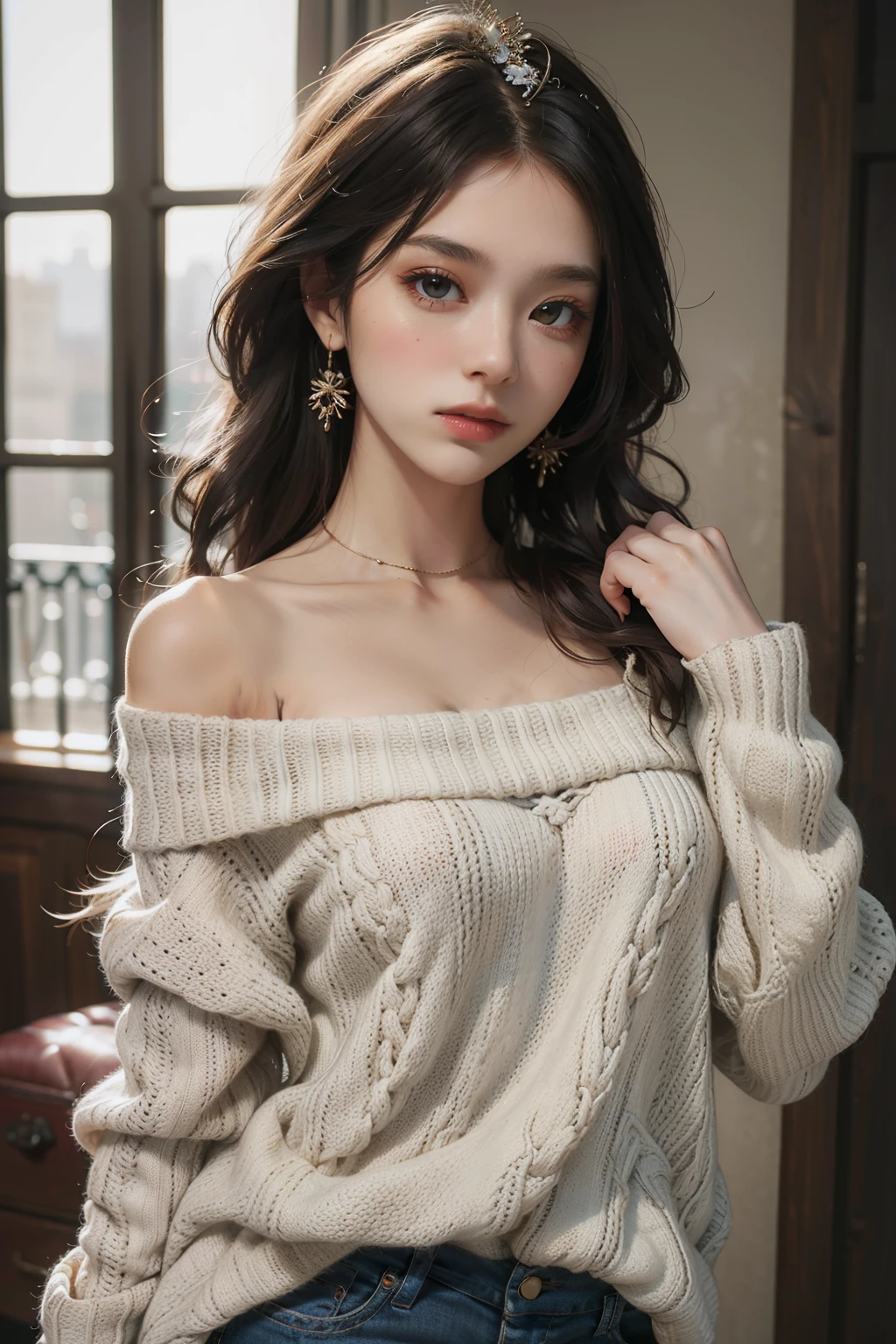 ((Highest quality)), ((masterpiece)), (detailed), One girl, Off-the-shoulder sweater,