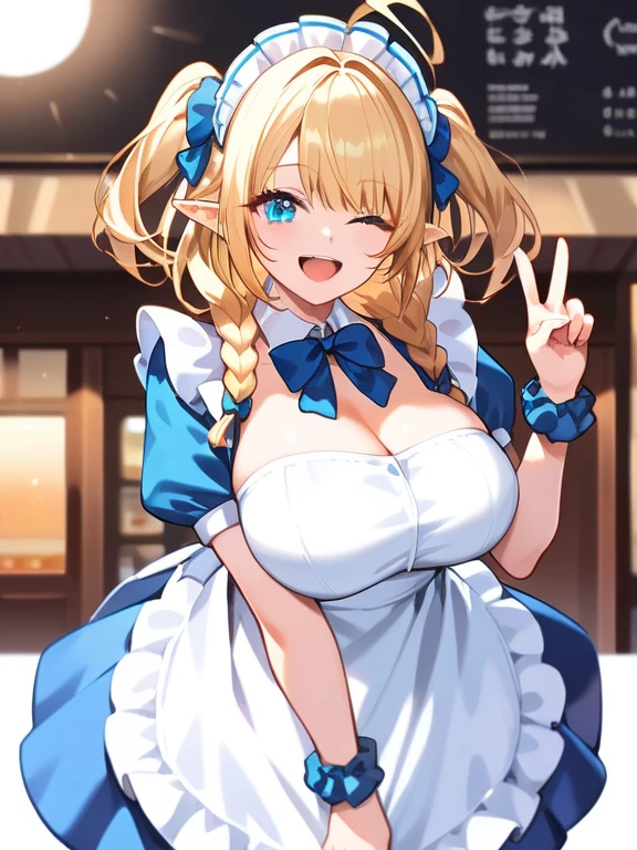 Tabletop, highest quality,figure, wallpaper, Super detailed, Absurd beauty、(night、Dark Room)、((1 beautiful girl、16 years old))、Hawaiian Dresses、(Blonde、Long Hair、Braided hair、Wavy Hair、Very large breasts、）、Shyness、Do the rabbit pose