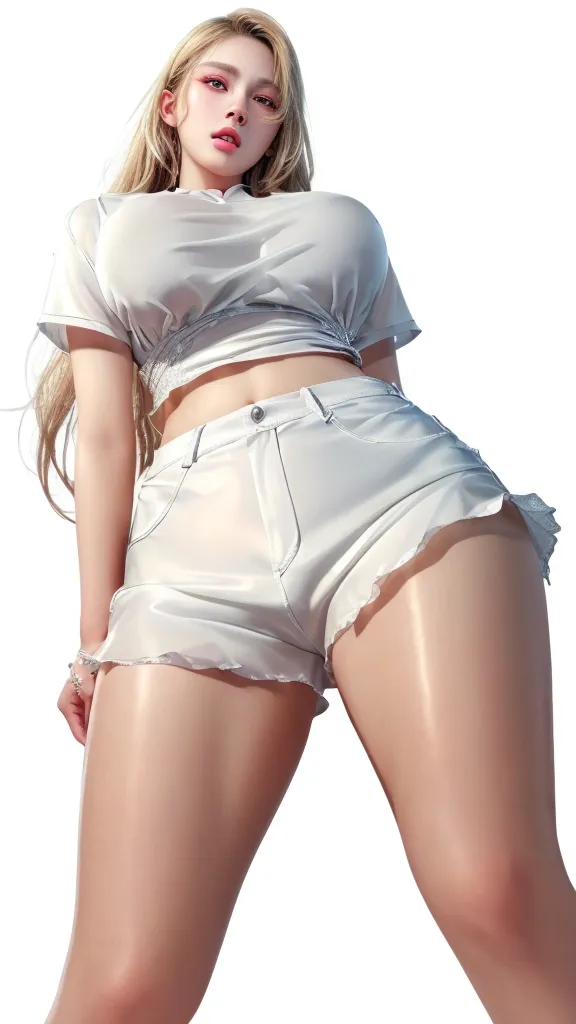(((完美figure,figure,solo, White and tender skin,(((Cyberpunk,short sleeves, dolphin shorts, t-shirt, pink shorts, white shirt, , ))),(((MiaChadef, long hair, blonde hair, brown eyes,,))),((masterpiece)),high resolution, ((Best quality at best)),masterpiece,quality,Best quality,((( Exquisite facial features,Looking at the audience,There is light in the eyes,(((lol,Happy,))),))),(((Light and shadow,Huge breasts))),(((Looking at the camera,White background,Lying on the ground,Look down at the camera,From below,Looking up))))
