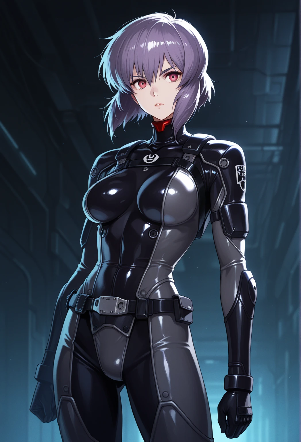 {1girl in},{{{{{masutepiece++, Best Quality++, Ultra-detailed+, 超A high resolution,(Photorealistic:1.4)Cowboy Shot,Mash Kyrielight, (Fate)Raw photo,(Mash Kyrielight)+,(Mash Kyrielight)+,(Mash Kyrielight, (Fate),Pink hair,Short hair,Purple eyes,Hair over one eye ,((Girl in black latex full body suit 1.4)), (Doll Suit:1.3)very aesthetic, Best Quality, absurderes, 1girl in, Brainwashed,}}}} ((purple glowing eyes 1.3)), (huge-breasted:1.2)The shape of is clearly visible、(The shape of the pubic area is clearly visible))deadpan, laboratory, Darkness Room, (Neon light:1.2), (Night:1.5), stand up and salute