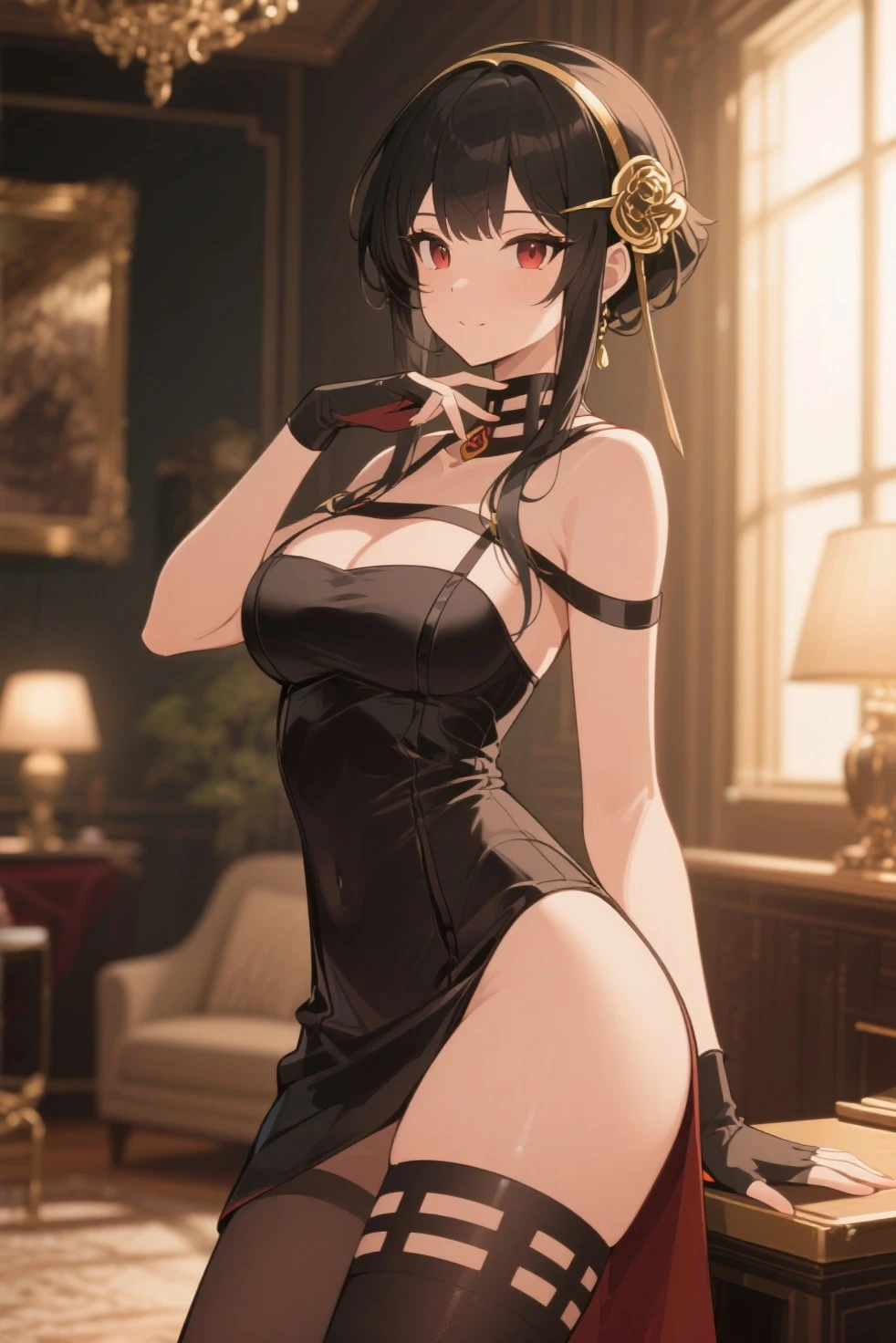 attractive woman, black hair, you forger, licking knife, standing with back, looking behind, having golden stiletto-type weapon, wearing black fit dress, form-fitting halter-style black dress, attractive ass covered in black fit dress, carpet black dress, attractive, slim hands, red eyes, woman, attractive face, proud smile, wearing high dark over knee boots, golden knife, beautiful eyelashes, beautiful lips, dark red Japanese room style, royal place, hair pulled up in the back without braiding, royal chandelier, royal carpet house, golden rose on headband, hot woman, blushing lines, open shoulders, standing with back, back half open, looking back, licking knife,
