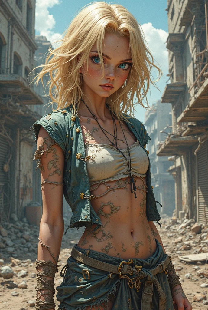 In a large garbage dump, an angel (Full body) is dressed in torn and rotten clothes that seem to blend seamlessly into the surroundings, against the background of New York skyscrapers, Her hair is unkempt and tangled, and her skin is covered with dirt and grime. But her eyes shine with a disturbing intelligence.
