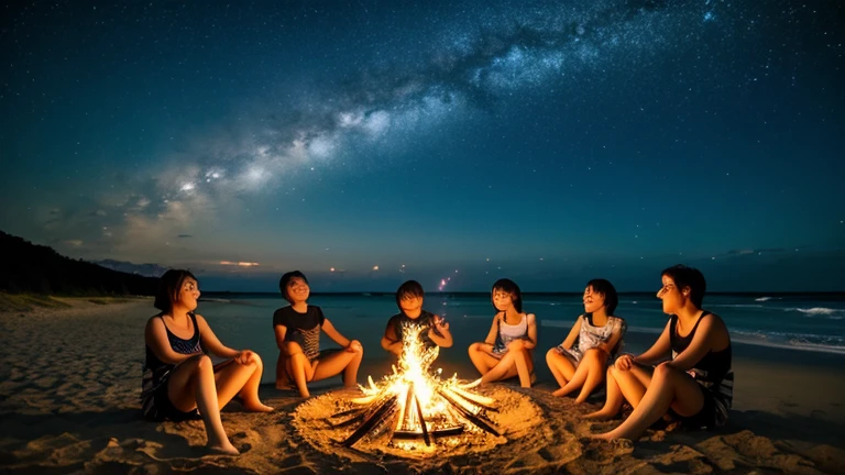 Starry Night、Bonfire、No lighting、Sandy beach, (sunflower hair accessory), beautiful 22 year old woman with short hair and long brown hair blowing in the wind, (flip flops), shot sitting down, 4人 other women in bikini swimsuits, best proportions, smiling, (natural breasts: 1.2), (summer camp, tent, tarp,)), night, (under the stars, around a campfire, playing guitar)), photorealistic, 4k, different hairstyles, face variations,