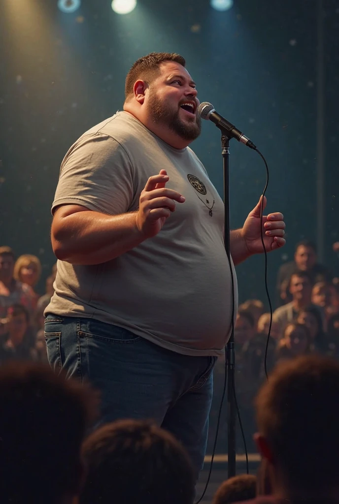 Very old Chris Farley at 73 years old with white hair. On stage at a comedy club.