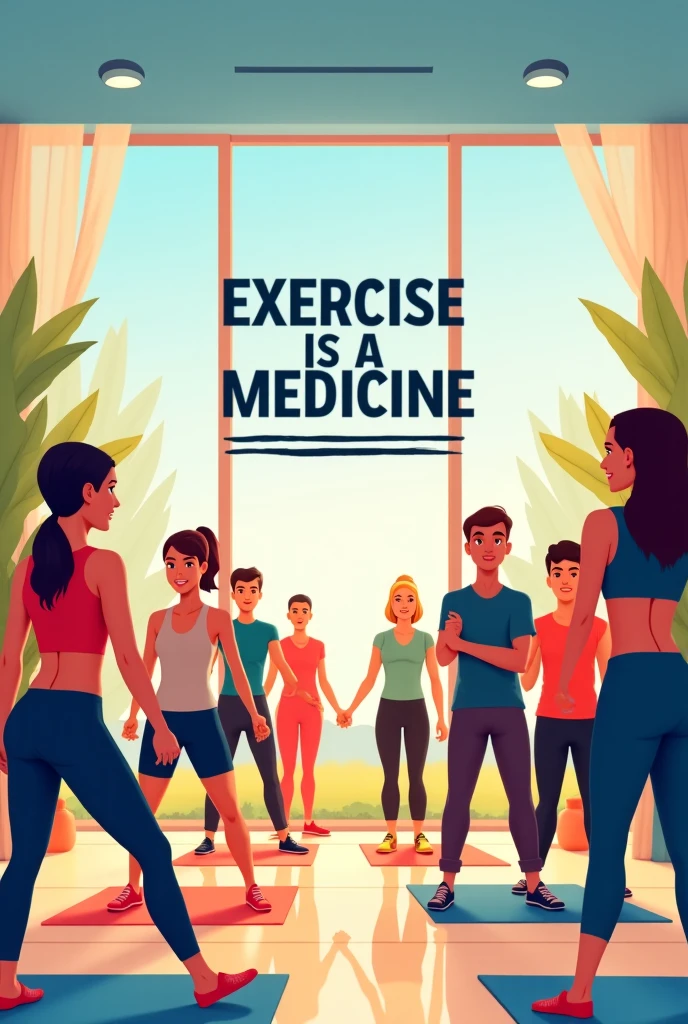 Slogan: "Embrace Fitness, Elevate Health!"
Poster Idea:
Background: A vibrant and energetic scene, perhaps a sunrise over a park or gym, symbolizing a new day and new opportunities.
Central Image: Silhouettes of people engaging in various fitness activities like running, yoga, and weightlifting.
Text Placement: The slogan can be in bold, dynamic font at the top, with "Embrace Fitness" in one color (e.g., a lively green) and "Elevate Health" in another (e.g., a calming blue) to represent the balance between physical activity and overall well-being.
Additional Elements: Incorporate icons or smaller images of fruits, water bottles, and hearts to reinforce the message of health and fitness.
