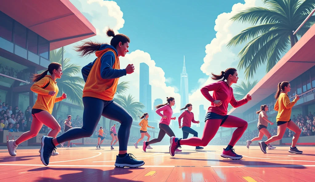 (Photography)(dynamic) Show three Malay students, one is a female runner in singlet and shorts, one is a female in blue swimsuit, one is female hijab wearing and short sleeved jersey and bootcut pants. Standing pose. Sports school.