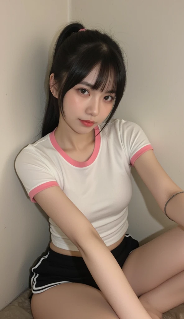 a beautiful korean idol girl, detailed portrait, 8K, high resolution, masterpiece, photorealistic, realistic skin texture, detailed facial features, big beautiful eyes, long eyelashes, elegant makeup, defined eyebrows, cute expression, full lips, charming smile, slender neck, detailed body, large exposed cleavage, beautiful body lines, voluptuous figure, dynamic pose, professional lighting, cinematic composition, vibrant colors, intricate details, The outline of her large breasts is visible through her T-shirt, T-shirts that are tight around the chest, Voluptuous body