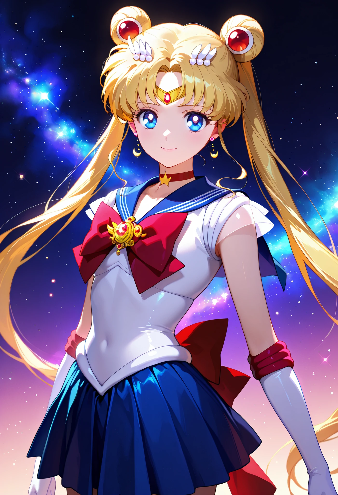 masterpiece, amazing quality, best quality, soft skin, very awa, very as2, soft body, official art, usagi tsukino, blonde hair, double bun, hair bun, long hair, twintails, parted bangs, back bow, blue sailor collar, blue skirt, bow, brooch, choker, elbow gloves, jewelry, magical girl, pleated skirt, red bow, red choker, ribbon, sailor collar, sailor senshi uniform, white gloves, smile, upper body, solo, facing front of viewer, looking straight at viewer, simple background, gradient background, light particles, glowing galaxy nebula background