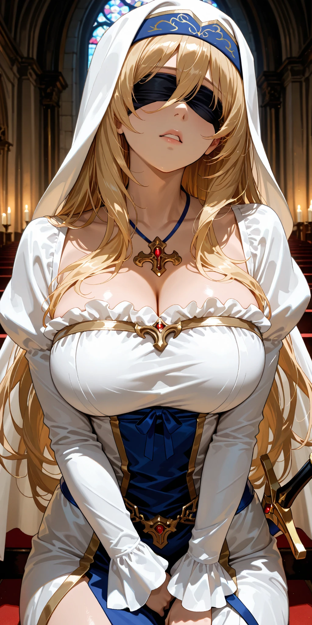masterpiece,8K,A woman with big tits,Gorgeous woman,transparent,Long blond hair,big hair,((hime cut)),Gorgeous jewelry,Crystal Hair Accessories,Cleavage,pubic,In front of the altar of the majestic church、(Blurred background)、Brighter light,(Elegant gloss)、Lots of ribbons、((Puffy sleeves))、Long cuffs,Multi-button、Gold embroidery、Long trains、White embroidered gloves、Five fingers、red cheeks,(nsfw:0.5),