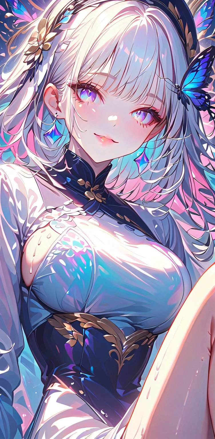 (Masterpiece)), Best quality, absurderes, Ultra detailed, holograph, Cowboy shot, Super cute girl, Mature girl, Super beautiful asian girl,Very beautiful violet glowing eyes, Beautiful glowing white multicolored hair, Nice sexy body, Slim body, Perfect body, Wear super-skinny anime-print boxers, Anime print super skinny shirt, Super beautiful pink jacket, Look at the glowing mirror, See a different version of her than the other universes