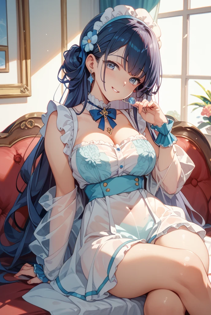 score_9, score_8_up, score_7_up, source_アニメ, intricate details Asagi Igawa、Blue Hair、Long Hair、Hairs between the eyes、Green Eyes、,Big Tits, 1girl, (独奏:1.3), (laced white frilled leotard with skirt_tail), innocent, pure, gentle smile, falling in love, loving, infatuated, deep affection, in love, frilled wedding dress, cute, kawaii, camellia , (intricate details:1.3), long hair, blunt bangs, twintails, hair ornament, hair bell, detached sleeves, wide sleeves, ribbon-trimmed sleeves,,