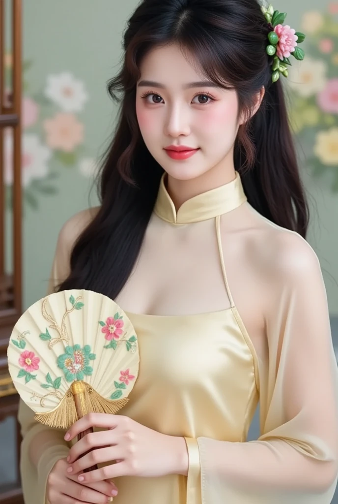 Body Portrait, 8k, Narrow and beautiful eyes, Dindal effect, masterpiece, 最high quality, high quality, High resolution, Highly detailed photos, (Natural skin texture, Fine skin, Hyperrealism, Ultra Sharpness), Skin with attention to detail, (Very fine, Fine skin texture, Intricate details, Beautiful Face, (Realistic Face), Realistic eyes, Beautiful and detailed eyes, Realistic Skin, Beautiful Skin, Surreal, Highly detailed golden ratio, Smiling Eyes, Body Portrait, G-Cup, Big Breasts, Huge breasts, Big Breasts, glamorous, ((Cheongsam:1.4)),