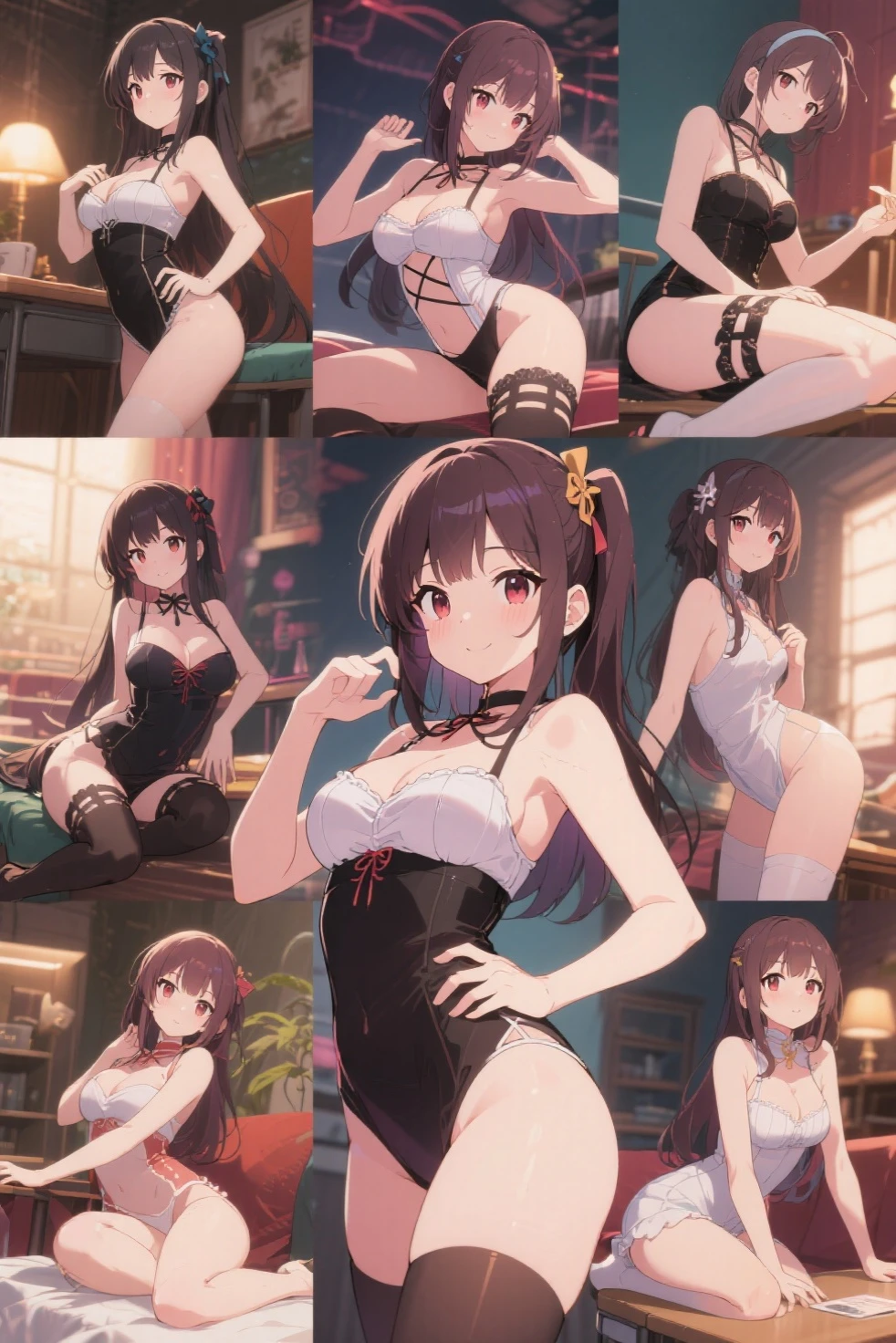 (small breasts:1.2), (perky chest:1.2), (pointed chest:1.2), (Pudding cake magazine cover:1.3),(from below:1.0),(shoot from the side:1.1),masterpiece, 1girl, Amazing Cleavage:1.1, thin waist, optimum,tmasterpiece,hight resolution,best qualtiy,hyper HD,super detailing,awardwinning,a 18yo cute girl,(The upper part of the body),anatomy correct,Beautiful Black miniskirt,garters,Gaze,Small face,bangss,holster,Beautuful Women,hands up,leg holster,Gaze,black boots,Cowboy Shot,cute face,a blond,Longhaire,Twin-tailed,Braids, Hairline,(scarlet eyes),long eyelasher,Hanging eye corners,White skin of the, ((see through camisole:1.1)), ((Sheer nipples:1.0)),Rocket Tits,(Slim body),smile,seductive weak smiling,(with sparkling eyes and a contagious smile),little open mouth, Looking at Viewer,