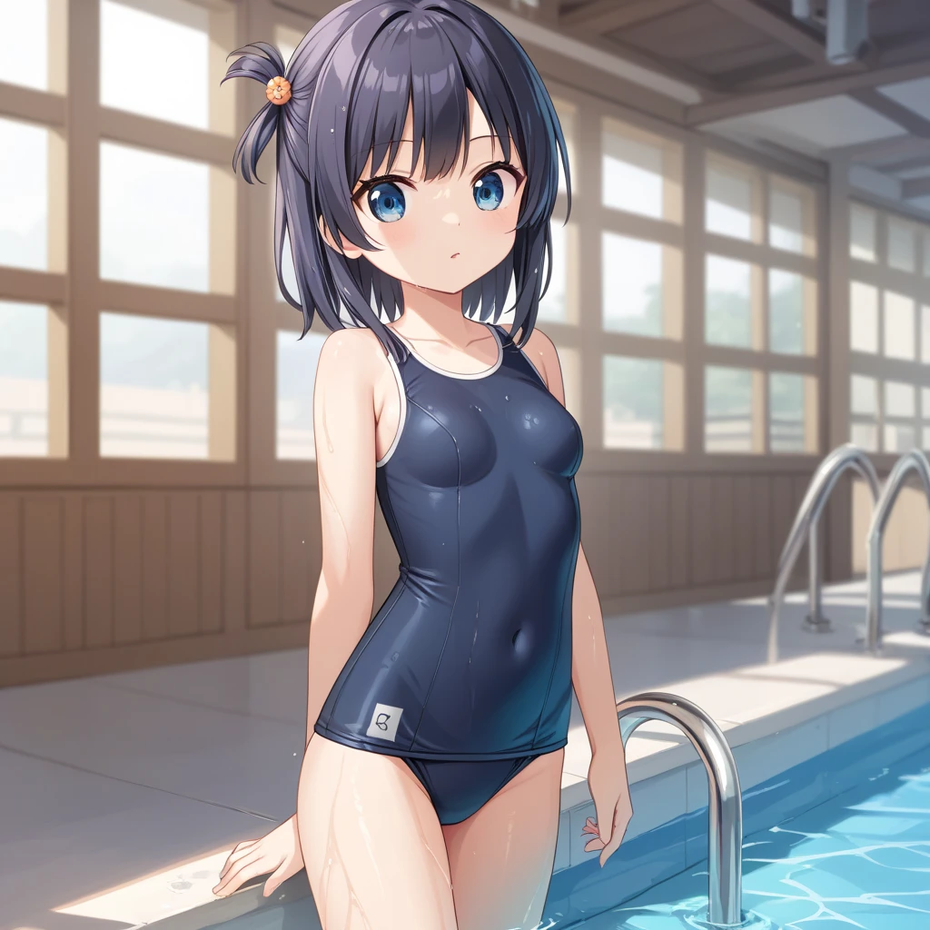 Elementary school student Old school swimsuit A little chubby and small breasts Nipple protrusion clearly visible Poolside Brown hair and bob nipple