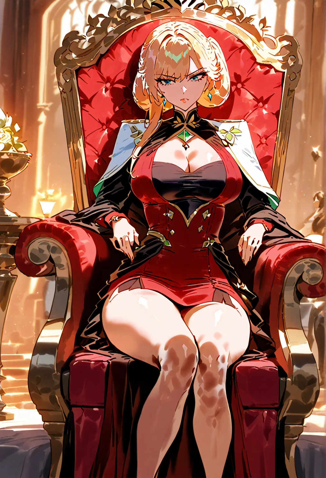a woman with exaggerated large breasts, confident sitting on a throne, wearing a gorgeous red dress, a large ornate crown on her head, looking down at the viewer, detailed facial features, hyper-realistic, 8k, ultra-detailed, photorealistic, masterpiece, dramatic lighting, cinematic, oil painting、She is a Japanese woman、She is protected by the knights.